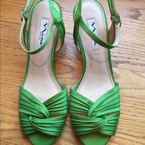 Nina satin peep toe low heel stappy sandals.